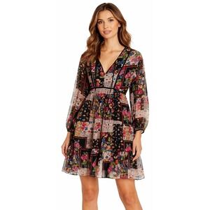 Johnny Was Jade Cruces Floral Patchwork Midi Dress Multicolor Boho V-Neck